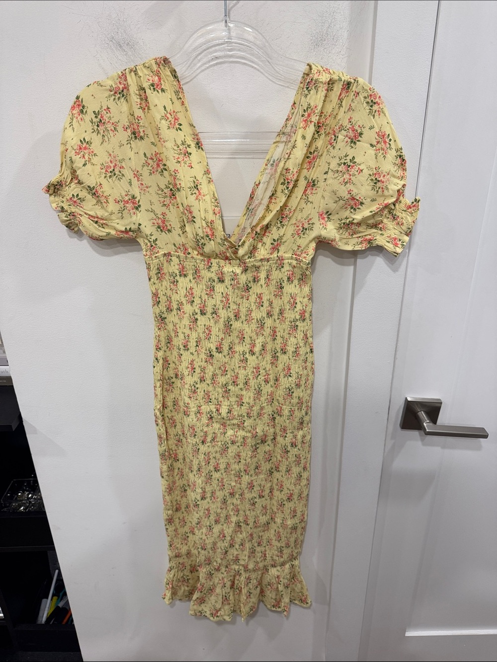 With Jean Yellow Floral Puff-Sleeve Midi Dress